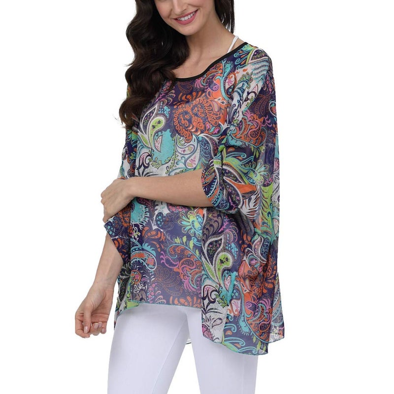 Ckikiou Plus Size Batwing Flowy Semi Sheer Chiffon Blouse Tunic for Women Summer Floral Print Boho Beach Cover ups - Image 5